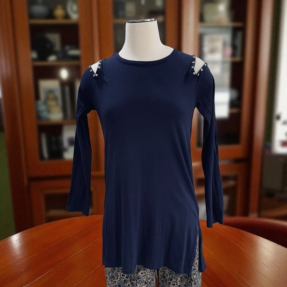 Michael Kors Navy Cold‎ Shoulder Studded Tunic Top Long Sleeve Womens Medium